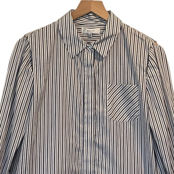 Milly Fractured Sleeve Gray Striped Button Down, Long Sleeve Cotton Blouse, 10 - Picture 16 of 16